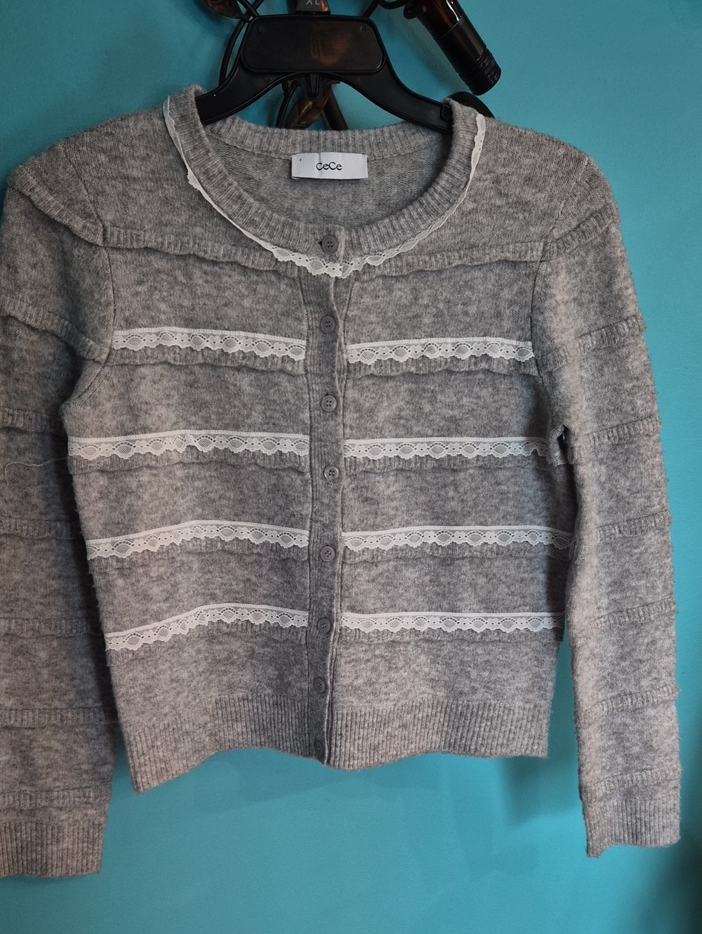 NWOT CeCe Gray Cardigan with White Lace Trim PTP 19, L 20